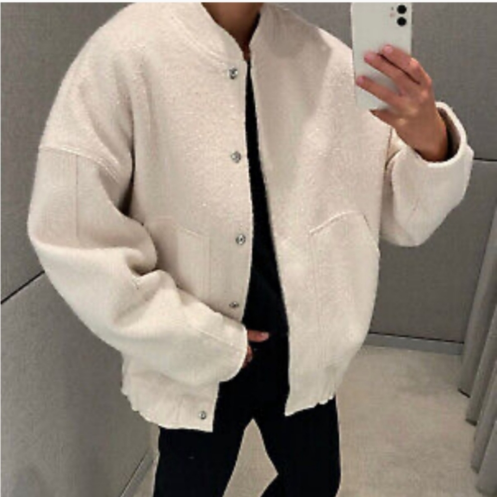 Zara Viral Oversized Bomber Jacket with Pockets Cream/Ecru Boucle - Picture 8 of 16